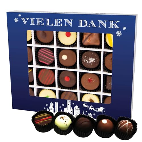 Hallingers 20 Manufaktur-Pralinen handgemacht, teilweise mit Alkohol (240g) - Vielen Dank Blau (Pralinenbox) - zu Weihnachten, Danke, Danke - jetzt zu Ostern 2024 schenken von Hallingers Genuss Manufaktur