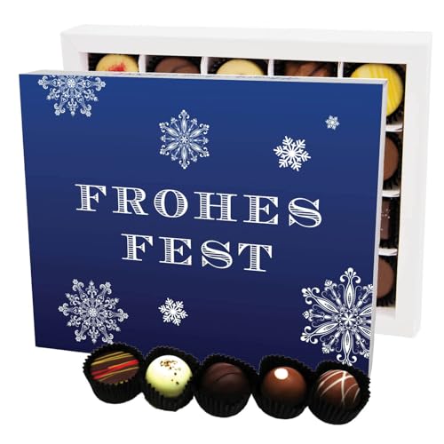 Hallingers Frohes Fest Blau XL - Manufaktur Pralinen Weihnachten Geschenk handmade ohne Alkohol aus Edelkakao Schokolade (Box) - Ostergeschenke Osterkörbchen Ostereier & als Osterdeko | Glückwunsch Da von Hallingers Genuss Manufaktur