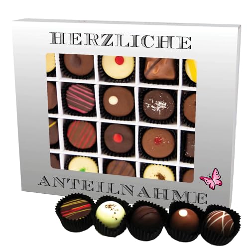 Hallingers Herzliche Anteilnahme XL - Manufaktur Pralinen Geschenk handmade teils mit Alkohol aus Edelkakao Schokolade (Box) - Muttertagsgeschenk & Geschenkideen zum Vatertag | Geburtstag Glückwunsch von Hallingers Genuss Manufaktur