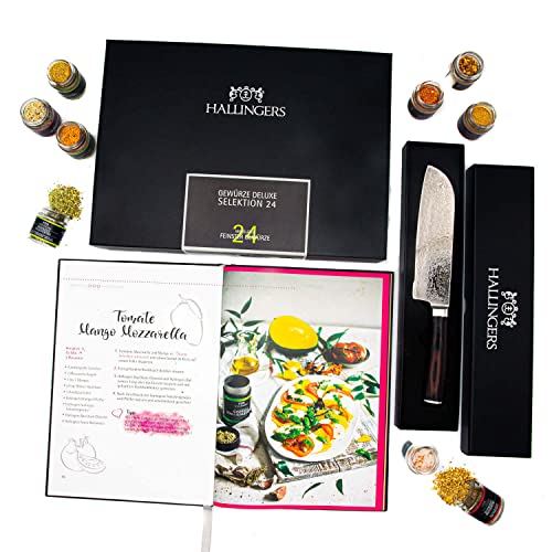 Hallingers Deluxe Selektion 24 & Deluxe Santoku & Kochbuch - Gewürz Geschenkset, Bundle Gewürze, Messer Deluxe & Kochbuch (Set) - Ostergeschenke Osterkörbchen Ostereier & als Osterdeko | Neues Zuhause von Hallingers Genuss Manufaktur