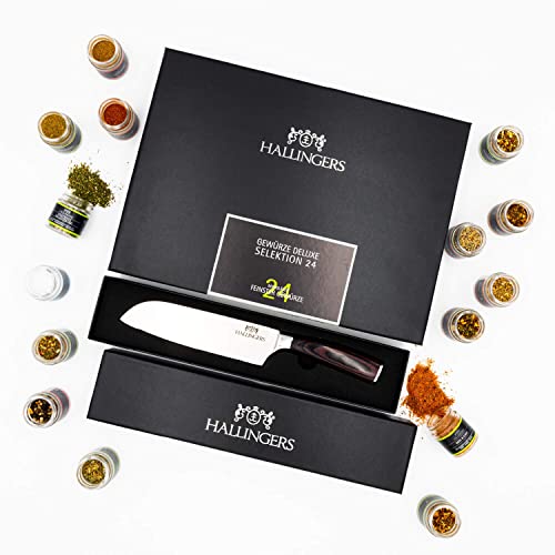 Hallingers Deluxe Selektion 24 & Premium Santoku - Gewürz Geschenkset handmade, Bundle 24 Gewürze & Messer Premium (Set) - Ostergeschenke Osterkörbchen Ostereier & als Osterdeko | Neues Zuhause Glückw von Hallingers Genuss Manufaktur