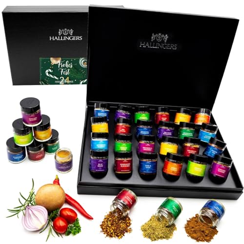 Hallingers Frohes Fest - 24 Gewürze Geschenk Set zu Weihnachten und Advent - handmade, 24 Gewürze aus aller Welt (Set) - Muttertagsgeschenk & Geschenkideen zum Vatertag | Neues Zuhause Glückwünsche Fr von Hallingers Genuss Manufaktur