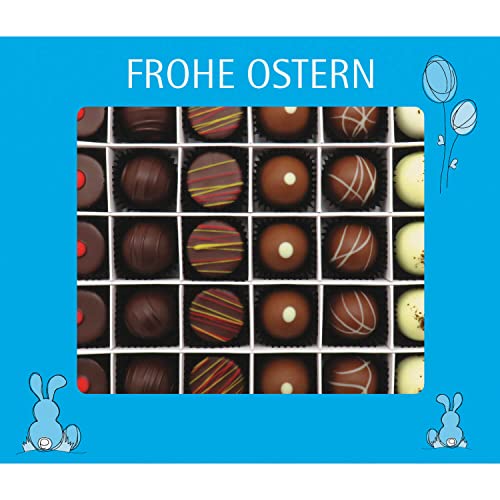 Hallingers 30er Pralinen-Mix handgemacht, mit/ohne Alkohol (360g) - Frohe Ostern blau (Pralinenbox) - Ostern 2023, Für Sie#Für Ihn - Geschenk zu Ostern 2023 von Hallingers Genuss Manufaktur