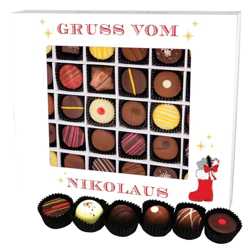 Hallingers Gruß vom Nikolaus 30 - Manufaktur Pralinen Weihnachten Geschenk handmade teils mit Alkohol aus Edelkakao Schokolade (Box) - Ostergeschenke Osterkörbchen Ostereier & als Osterdeko | Glückwun von Hallingers Genuss Manufaktur