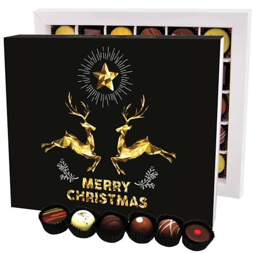 Hallingers Merry Christmas Goldene Elche XXL - Manufaktur Pralinen Weihnachten Geschenk handmade ohne Alkohol aus Edelkakao Schokolade (Box) - Muttertagsgeschenk & Geschenkideen zum Vatertag | Glückwu von Hallingers Genuss Manufaktur