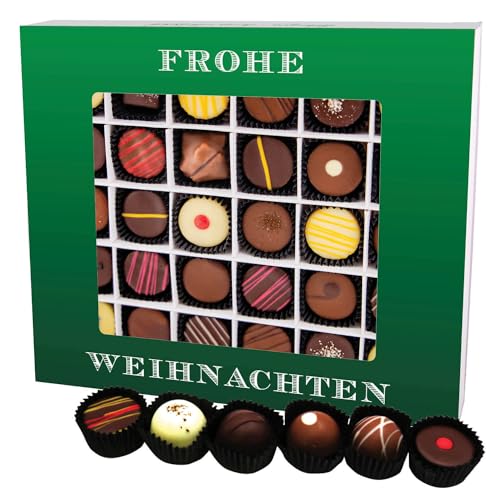Hallingers Frohe Weihnachten Grün XXL - Manufaktur Pralinen Weihnachten Geschenk handmade teils mit Alkohol aus Edelkakao Schokolade (Box) - Muttertagsgeschenk & Geschenkideen zum Vatertag | Glückwuns von Hallingers Genuss Manufaktur