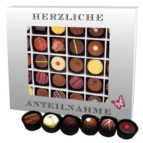 Hallingers Herzliche Anteilnahme XXL - Manufaktur Pralinen Geschenk handmade teils mit Alkohol aus Edelkakao Schokolade (Box) - Muttertagsgeschenk & Geschenkideen zum Vatertag | Geburtstag Glückwunsch von Hallingers Genuss Manufaktur