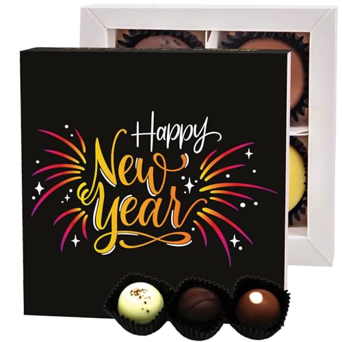 Hallingers Happy New Year - Manufaktur Pralinen Silvester Geschenk handmade ohne Alkohol aus Edelkakao Schokolade Neujahr Geschenk (Box) - Muttertagsgeschenk & Geschenkideen zum Vatertag | Glückwunsch von Hallingers Genuss Manufaktur