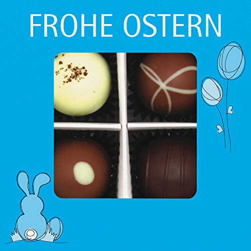 Hallingers 4er Pralinen-Mix handgemacht, mit/ohne Alkohol (48g) - Frohe Ostern blau (Pralinenbox) - Ostern 2023, Für Sie#Für Ihn - Geschenk zu Ostern 2023 von Hallingers Genuss Manufaktur