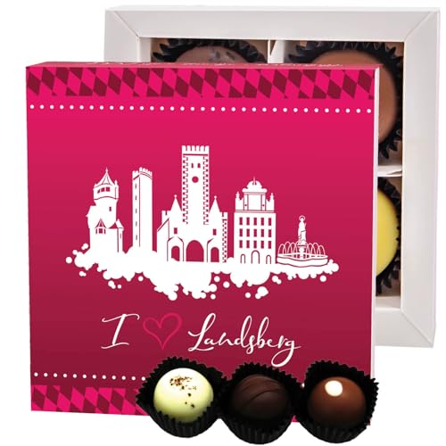 Hallingers I love Landsberg - Manufaktur Pralinen Geschenk handmade ohne Alkohol aus Edelkakao Schokolade (Box) - Muttertagsgeschenk & Geschenkideen zum Vatertag | Geburtstag Glückwunsch Danke Jahrest von Hallingers Genuss Manufaktur