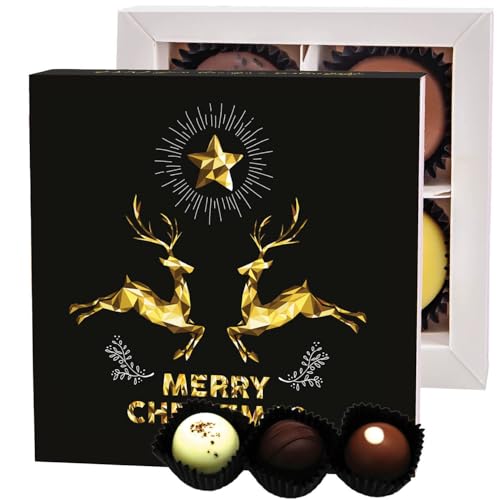 Hallingers Merry Christmas Goldene Elche - Manufaktur Pralinen Weihnachten Geschenk handmade ohne Alkohol aus Edelkakao Schokolade (Box) - Muttertagsgeschenk & Geschenkideen zum Vatertag | Glückwunsch von Hallingers Genuss Manufaktur