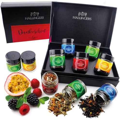 Hallingers Dankeschön - 5 Sorten Tee Geschenkset als Dank, vegan & glutenfrei in Schraubgläsern (Set) - Ostergeschenke Osterkörbchen Ostereier & als Osterdeko | Geburtstag Glückwunsch Genesung Jahrest von Hallingers Genuss Manufaktur
