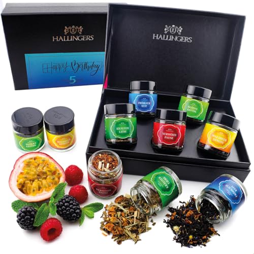 Hallingers Happy Birthday - 5 Sorten Tee Geschenkset zum Geburtstag, vegan & glutenfrei in Schraubgläsern (Set) - Muttertagsgeschenk & Geschenkideen zum Vatertag | Geburtstag Glückwunsch Genesung Jahr von Hallingers Genuss Manufaktur