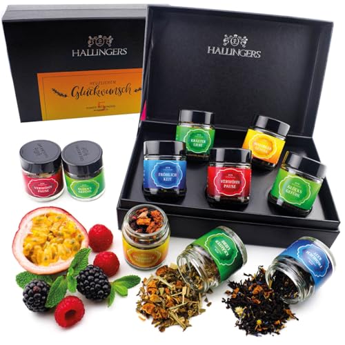 Hallingers Herzlichen Glückwunsch - 5 Sorten Tee Geschenkset zum Gratulieren, vegan & glutenfrei in Schraubgläsern (Set) - Ostergeschenke Osterkörbchen Ostereier & als Osterdeko | Geburtstag Glückwuns von Hallingers Genuss Manufaktur
