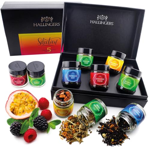 Hallingers Selection - 5 Sorten Tee Geschenkset mit Box, vegan & glutenfrei in Schraubgläsern (Set) - Ostergeschenke Osterkörbchen Ostereier & als Osterdeko | Geburtstag Glückwunsch Genesung Jahrestag von Hallingers Genuss Manufaktur