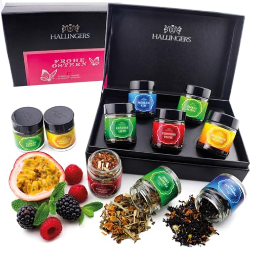 Hallingers Frohe Ostern - Ostergeschenke für Osterkörbchen zu Ostern, 5 Tee Geschenkset mit Box vegan in Gläsern (Set) - Ostergeschenke Osterkörbchen Ostereier & als Osterdeko | Genesung Freundschaft von Hallingers Genuss Manufaktur