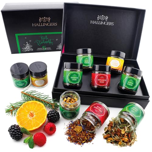 Hallingers Frohe Weihnachten GREEN - Weihnachtliche 5 Sorten Tee Geschenkset mit Box vegan, Geschenk zu Weihnachten in Schraubgläsern (Set) - Muttertagsgeschenk & Geschenkideen zum Vatertag | Genesung von Hallingers Genuss Manufaktur