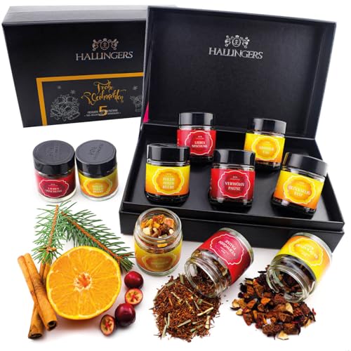 Hallingers Frohe Weihnachten ORANGE - Weihnachtliche 5 Sorten Tee Geschenkset mit Box vegan, Geschenk zu Weihnachten in Schraubgläsern (Set) - Muttertagsgeschenk & Geschenkideen zum Vatertag | Genesun von Hallingers Genuss Manufaktur