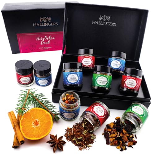 Hallingers Herzlichen Dank - Weihnachtliche 5 Sorten Tee Geschenkset mit Box vegan, Geschenk zu Weihnachten in Schraubgläsern (Set) - Muttertagsgeschenk & Geschenkideen zum Vatertag | Genesung Glückwü von Hallingers Genuss Manufaktur