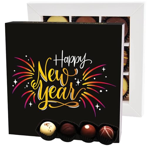 Hallingers Happy New Year L - Manufaktur Pralinen Silvester Geschenk handmade ohne Alkohol aus Edelkakao Schokolade Neujahr Geschenk (Box) - Muttertagsgeschenk & Geschenkideen zum Vatertag | Glückwuns von Hallingers Genuss Manufaktur