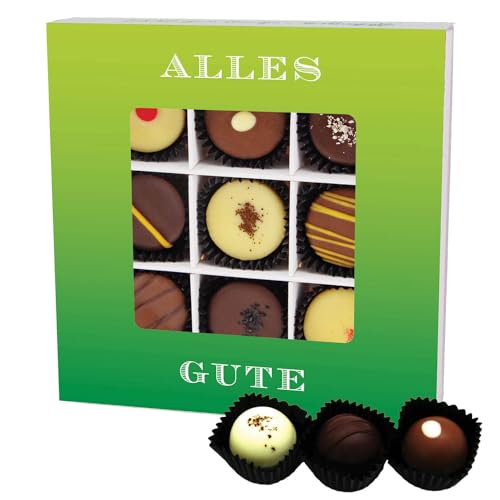 Hallingers Alles Gute L - Manufaktur Pralinen Geschenk handmade teils mit Alkohol aus Edelkakao Schokolade (Box) - Muttertagsgeschenk & Geschenkideen zum Vatertag | Geburtstag Glückwunsch Danke Neues von Hallingers Genuss Manufaktur