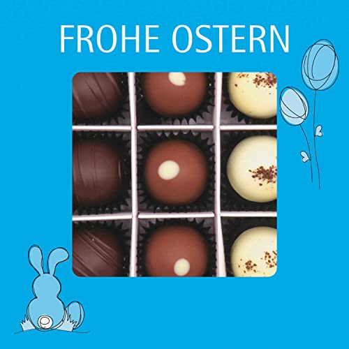 Hallingers 9er Pralinen-Mix handgemacht, mit/ohne Alkohol (108g) - Frohe Ostern blau (Pralinenbox) - Ostern 2023, Für Sie#Für Ihn - Geschenk zu Ostern 2023 von Hallingers Genuss Manufaktur