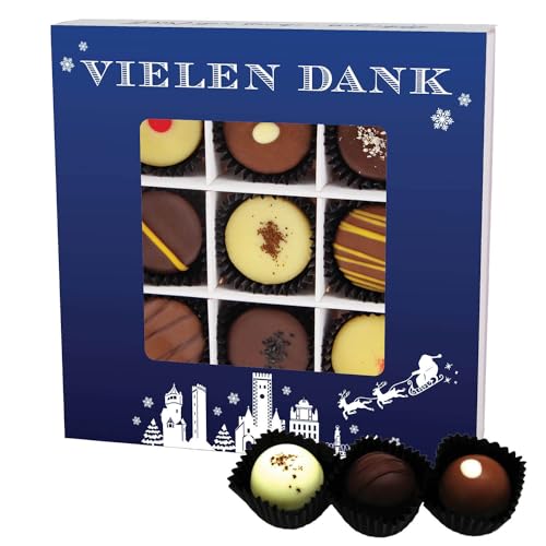 Hallingers Vielen Dank Blau L - Manufaktur Pralinen Weihnachten Geschenk handmade teils mit Alkohol aus Edelkakao Schokolade (Box) - Muttertagsgeschenk & Geschenkideen zum Vatertag | Danke Genesung von Hallingers Genuss Manufaktur