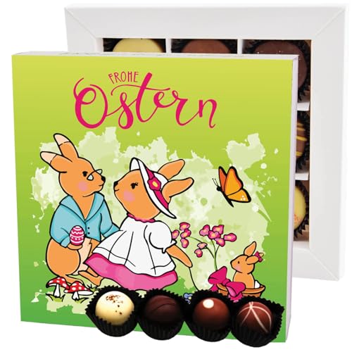 Hallingers Hasenfamilie 9 - Ostergeschenke für Osterkörbchen zu Ostern, Pralinen handmade ohne Alkohol (Box) - Ostergeschenke Osterkörbchen Ostereier & als Osterdeko | Glückwunsch Glückwünsche Freunds von Hallingers Genuss Manufaktur