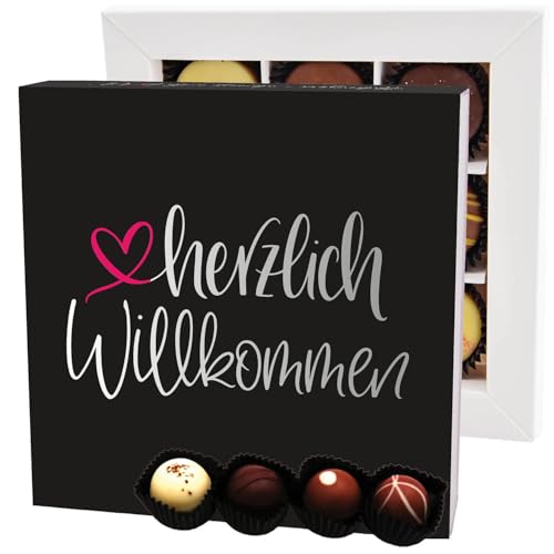 Hallingers Herzlich Willkommen L - Manufaktur Pralinen Geschenk handmade ohne Alkohol aus Edelkakao Schokolade (Box) - Muttertagsgeschenk & Geschenkideen zum Vatertag | Geburtstag Glückwunsch Danke Ja von Hallingers Genuss Manufaktur