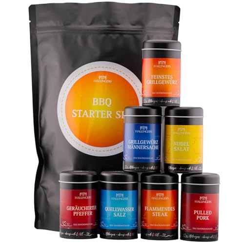 Hallingers BBQ Starter Set - Wundertüte XXL Gourmet Gewürze Geschenkset mit 7 Aromadosen - BBQ Gewürze, Salz & Pfeffer (Set) - Muttertagsgeschenk & Geschenkideen zum Vatertag | Geburtstag Glückwunsch von Hallingers Genuss Manufaktur