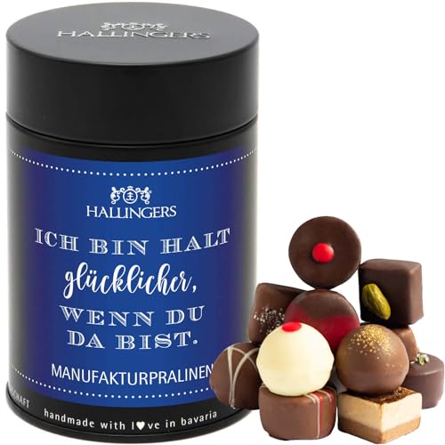 Hallingers Blue Ich bin halt glücklicher wenn Du da bist - Valentinstag Manufaktur Pralinen Geschenk handmade ohne Alkohol aus Edelkakao Schokolade (Dose) - Muttertagsgeschenk & Geschenkideen zum Vate von Hallingers Genuss Manufaktur