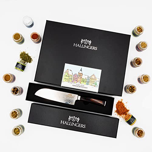 Hallingers Gewürze Adventskalender & Deluxe Santoku - Gewürz Adventskalender, Bundel 24 Gewürze & Messer Deluxe (Set) - Muttertagsgeschenk & Geschenkideen zum Vatertag | Neues Zuhause Chanukka Freunds von Hallingers Genuss Manufaktur