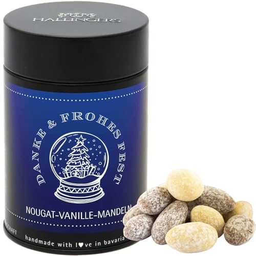 Hallingers Danke & Frohe Weihnachten - Nougat-schokolierte Vanille-Mandeln handgemacht - fix und fertig als Geschenk (Dose) - Muttertagsgeschenk & Geschenkideen zum Vatertag | Glückwunsch Freundschaft von Hallingers Genuss Manufaktur