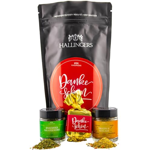 Hallingers Dankeschön - Bedanken Wundertüte Geschenkset Nougat Busserl Salat Gewürz & Gratin Gewürz zum Danke sagen (Set) - Muttertagsgeschenk & Geschenkideen zum Vatertag | Geburtstag Glückwunsch Jah von Hallingers Genuss Manufaktur