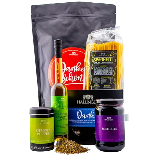 Hallingers Dankeschön XXL - Bedanken Wundertüte XXL Geschenkset Olivenöl, Pfeffer, Konfitüre, Tafel Schokolade & Spaghetti (Set) - Muttertagsgeschenk & Geschenkideen zum Vatertag | Geburtstag Glückwun von Hallingers Genuss Manufaktur