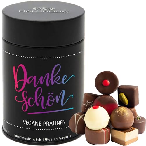 Hallingers Dankeschön - Vegane Manufaktur Pralinen Geschenk handmade teils mit Alkohol aus veganer Schokolade (Dose) - Muttertagsgeschenk & Geschenkideen zum Vatertag | Geburtstag Glückwunsch Danke Ja von Hallingers Genuss Manufaktur