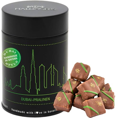 Hallingers Dubai Pralinen - Dubai Style Schokolade Manufaktur Pralinen handmade in Bayern ohne Alkohol aus Edelkakao (Dose) - Muttertagsgeschenk & Geschenkideen zum Vatertag | Geburtstag Glückwunsch D von Hallingers Genuss Manufaktur