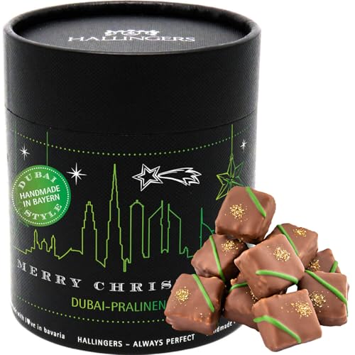 Hallingers Dubai Pralinen Merry Christmas XXL - Dubai Style Schokolade Manufaktur Pralinen handmade in Bayern ohne Alkohol aus Edelkakao (Dose) - Muttertagsgeschenk & Geschenkideen zum Vatertag | Dank von Hallingers Genuss Manufaktur