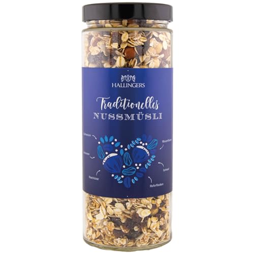 Hallingers Traditionelles Nuss Müsli - Feinstes Gourmet-Müsli frisch aus der Mühle (Glas) - Muttertagsgeschenk & Geschenkideen zum Vatertag | Geburtstag Glückwunsch Neues Zuhause Danke Genesung von Hallingers Genuss Manufaktur