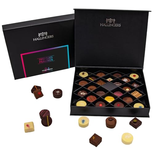 Hallingers FirstClass Vegane Selection - 24 vegane Pralinen Geschenk edle FirstClass handmade teils mit Alkohol aus veganer Schokolade (Box) - Muttertagsgeschenk & Geschenkideen zum Vatertag | Geburts von Hallingers Genuss Manufaktur