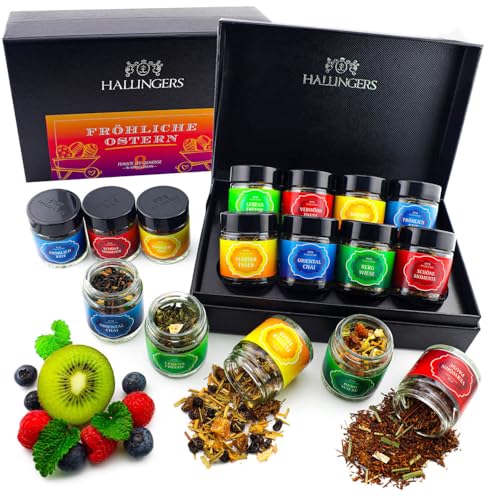 Hallingers Fröhliche Ostern - 8 Sorten Tee Geschenkset zu Ostern, loser Tee in Schraubgläsern, Teesortiment veganes Geschenk (Set) - Muttertagsgeschenk & Geschenkideen zum Vatertag | Genesung Glückwün von Hallingers Genuss Manufaktur