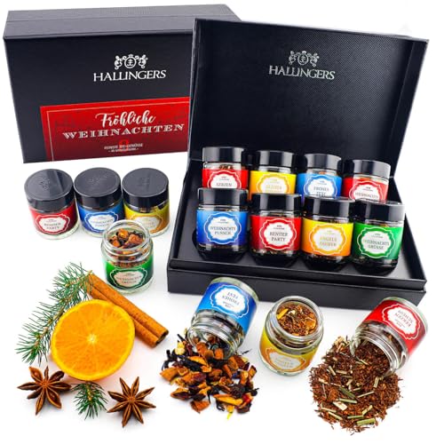 Hallingers Fröhliche Weihnachten - 8 Sorten Tee Geschenkset zu Weihnachten, loser Tee in Schraubgläsern, veganes Geschenk (Set) - Muttertagsgeschenk & Geschenkideen zum Vatertag | Genesung Glückwünsch von Hallingers Genuss Manufaktur