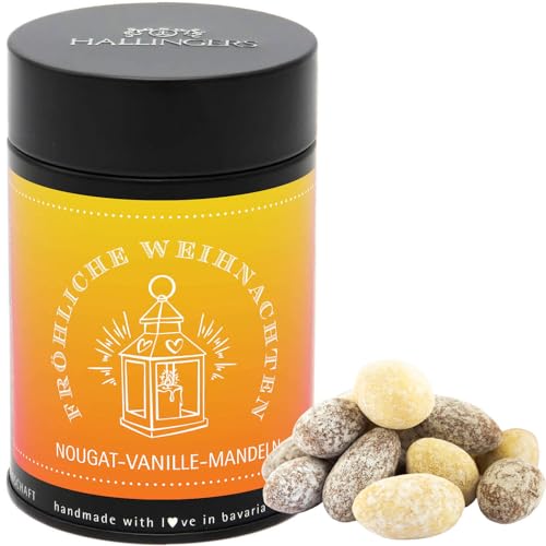 Hallingers Fröhliche Weihnachten - Nougat-schokolierte Vanille-Mandeln handgemacht (Dose) - Muttertagsgeschenk & Geschenkideen zum Vatertag | Glückwunsch Freundschaft Genesung von Hallingers Genuss Manufaktur