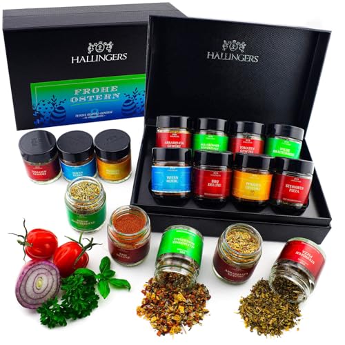 Hallingers Frohe Ostern - 8 Sorten Gewürze Geschenkset zu Ostern handmade, 8 Gewürze Set aus aller Welt in edler Box (Set) - Muttertagsgeschenk & Geschenkideen zum Vatertag | Glückwunsch Jahrestag Fre von Hallingers Genuss Manufaktur
