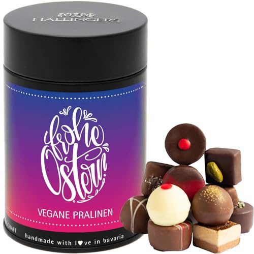 Hallingers Frohe Ostern - Vegane Manufaktur Pralinen Geschenk handmade teils mit Alkohol aus veganer Schokolade (Dose) - Muttertagsgeschenk & Geschenkideen zum Vatertag | Glückwunsch Glückwünsche Freu von Hallingers Genuss Manufaktur
