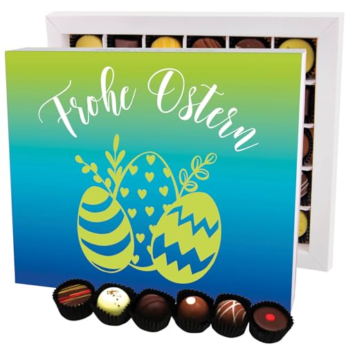 Hallingers Frohe Ostern XXL - Pralinen zu Ostern, Ostergeschenke für Osterkörbchen zu Ostern, Pralinen handmade ohne Alkohol (Box) - Ostergeschenke Osterkörbchen Ostereier & als Osterdeko | Glückwunsc von Hallingers Genuss Manufaktur