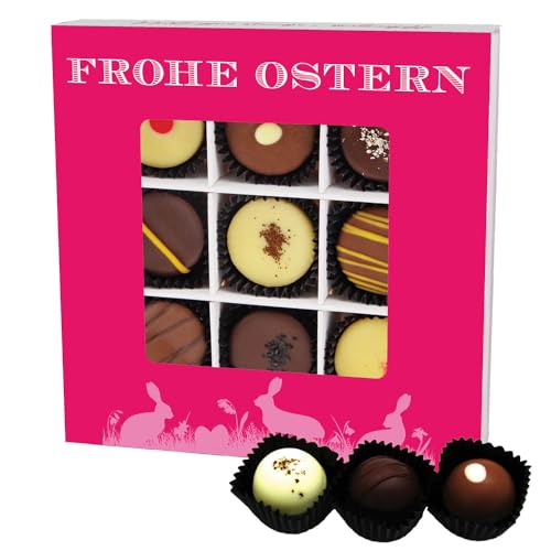 Hallingers Frohe Ostern pink L - Ostergeschenke für Osterkörbchen zu Ostern, Pralinen handmade teils mit Alkohol (Box) - Muttertagsgeschenk & Geschenkideen zum Vatertag | Glückwunsch Glückwünsche Freu von Hallingers Genuss Manufaktur