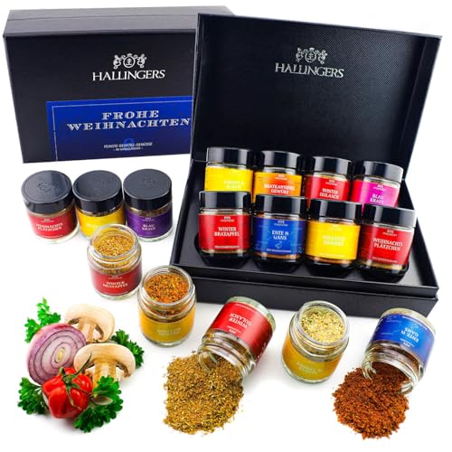 Hallingers Frohe Weihnachten - 8 Sorten Gewürze Geschenkset zu Weihnachten handmade, 8 Gewürze Set aus aller Welt in edler Box (Set) - Muttertagsgeschenk & Geschenkideen zum Vatertag | Glückwunsch Glü von Hallingers Genuss Manufaktur