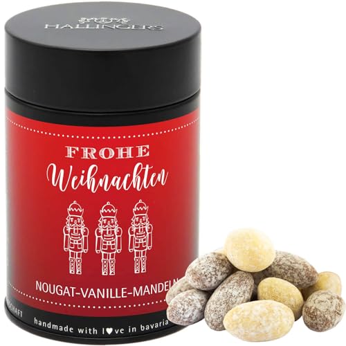 Hallingers Frohe Weihnachten - Nougat-schokolierte Vanille-Mandeln handgemacht (Dose) - Muttertagsgeschenk & Geschenkideen zum Vatertag | Glückwunsch Freundschaft Genesung von Hallingers Genuss Manufaktur