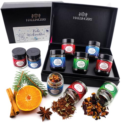 Hallingers Frohe Weihnachten White Christmas - Weihnachtliche 5 Sorten Tee Geschenkset mit Box vegan, Geschenk zu Weihnachten in Schraubgläsern (Set) - Muttertagsgeschenk & Geschenkideen zum Vatertag von Hallingers Genuss Manufaktur